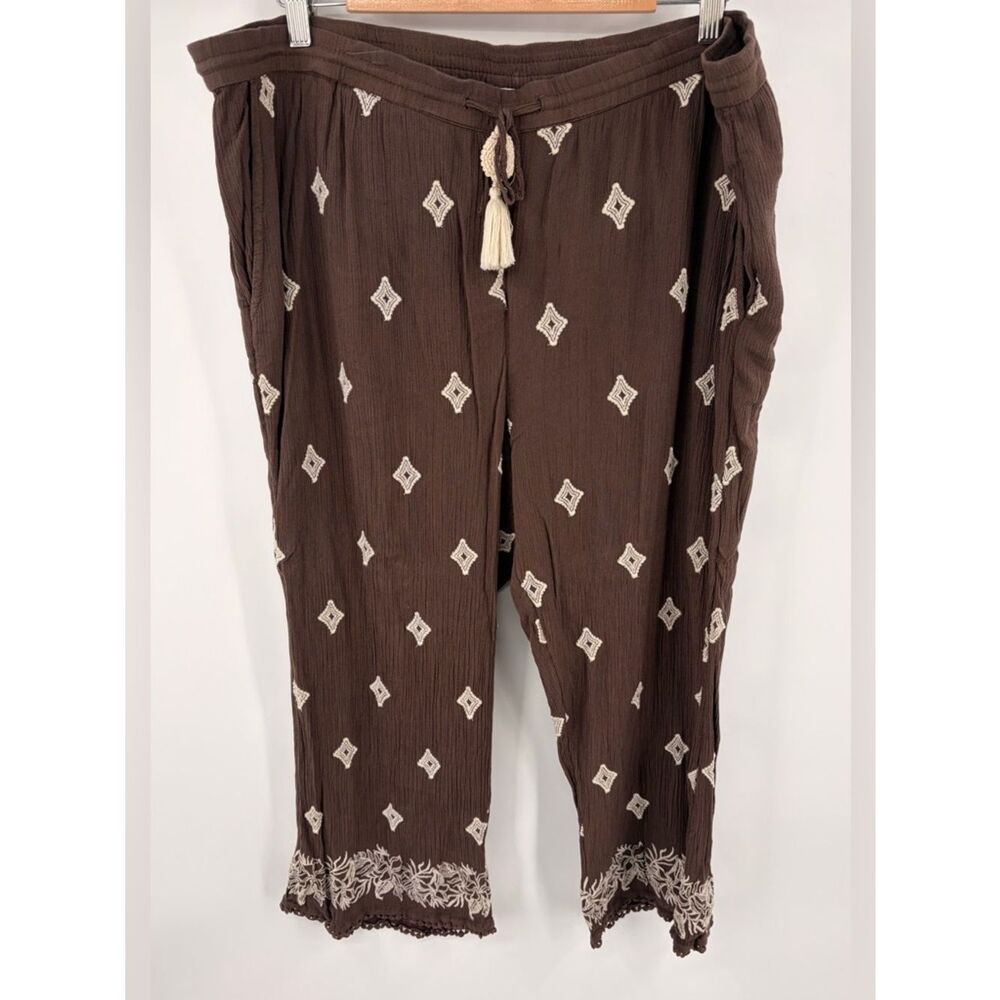 Sundance Le Meridien embroidered cropped brown pant women’s XL boho vacation
